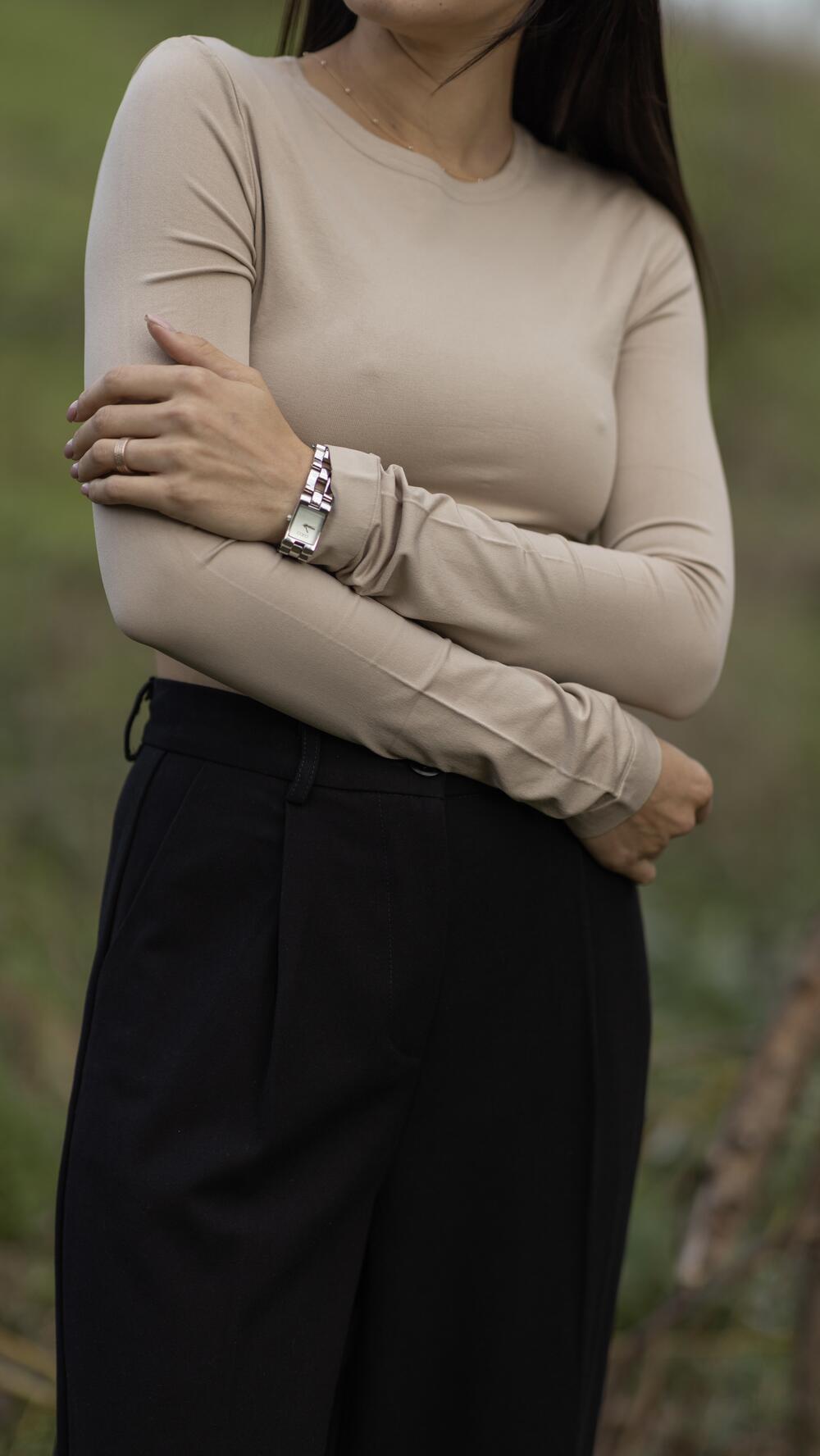 Топ укорочений з довгим рукавом з мікрофібри S/M, Бежевий