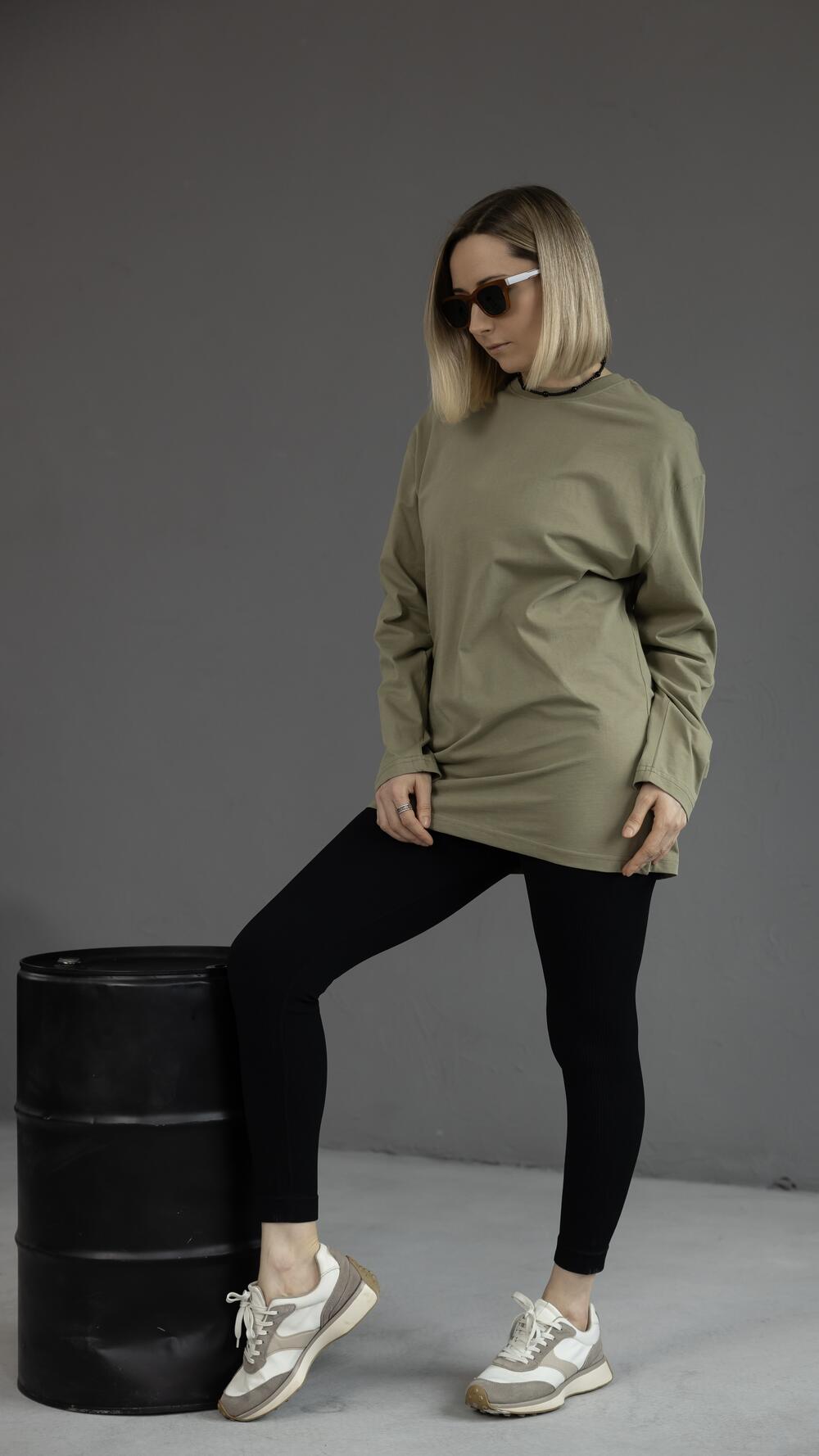 Лонг бавовняний, без принту CDE Oversize, Оливковий