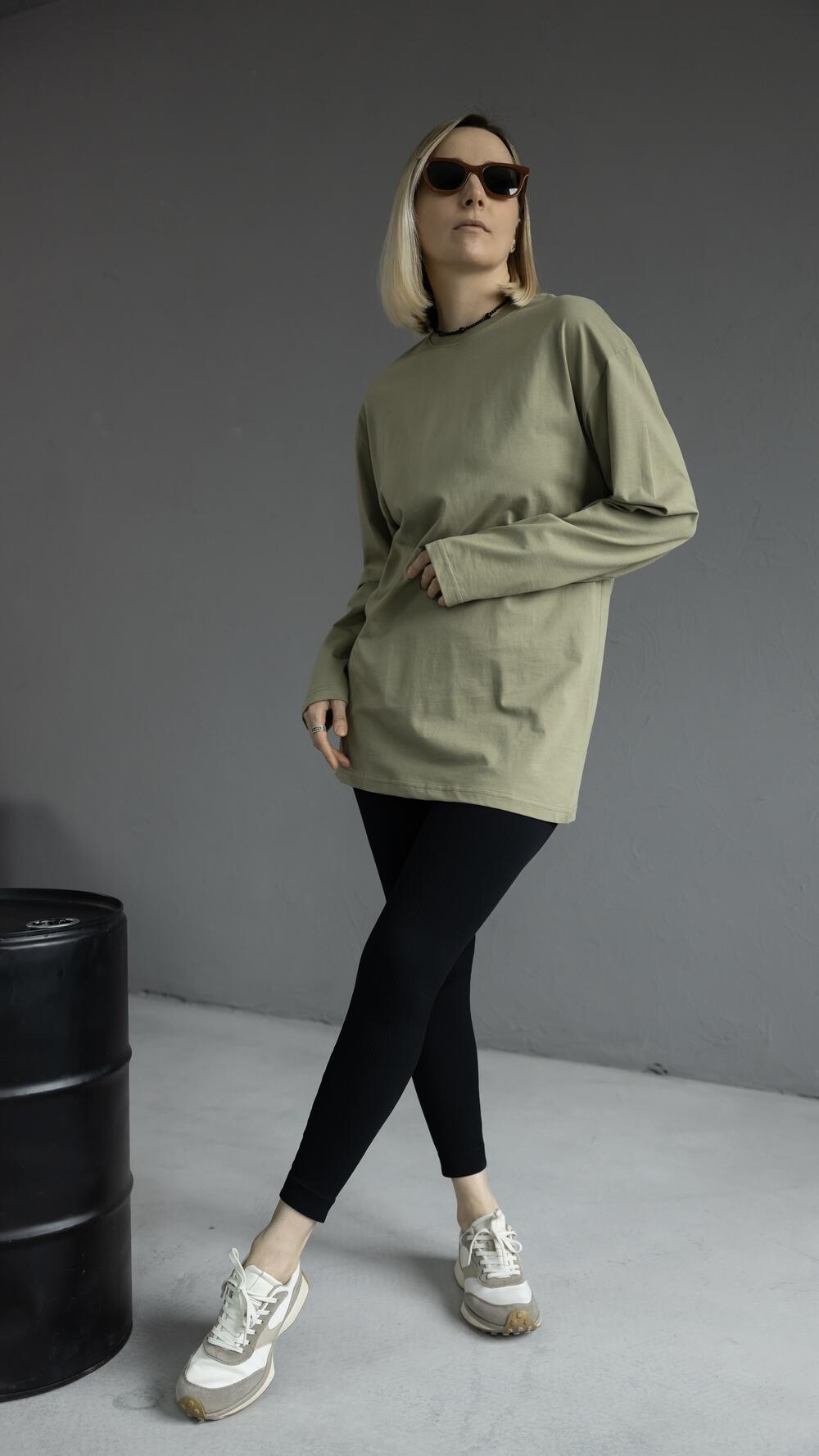 Лонг бавовняний, без принту CDE Oversize, Оливковий