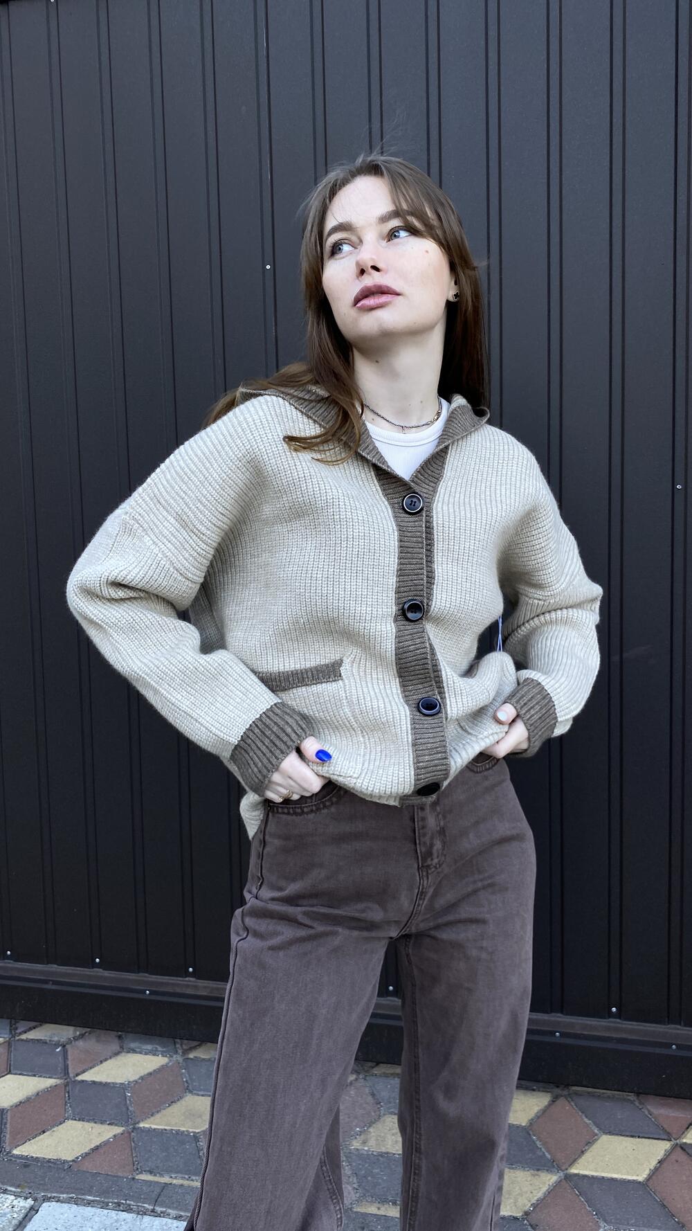 Кардиган з кишенями та капором Oversize, Бежевий