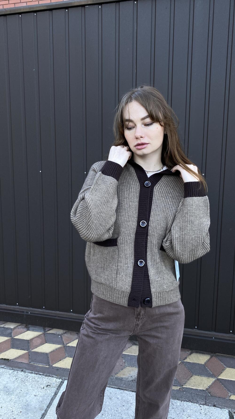 Кардиган з кишенями та капором Oversize, Капучіно