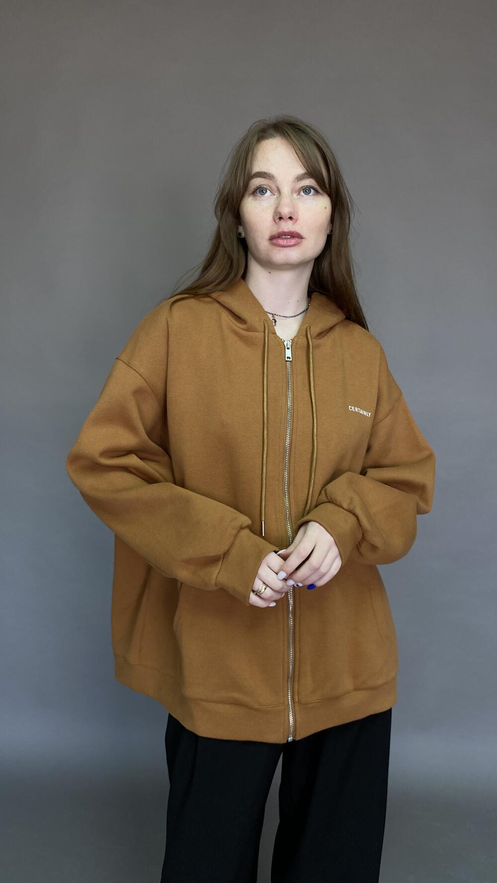 Худі з блискавкою з принтом Certainly Oversize, Кемел