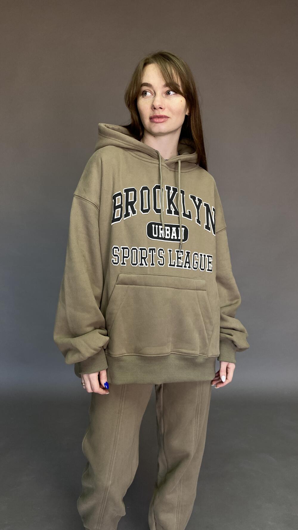 Костюм утеплений з худі та джогерами, принт Brooklyn S/M, Кемел