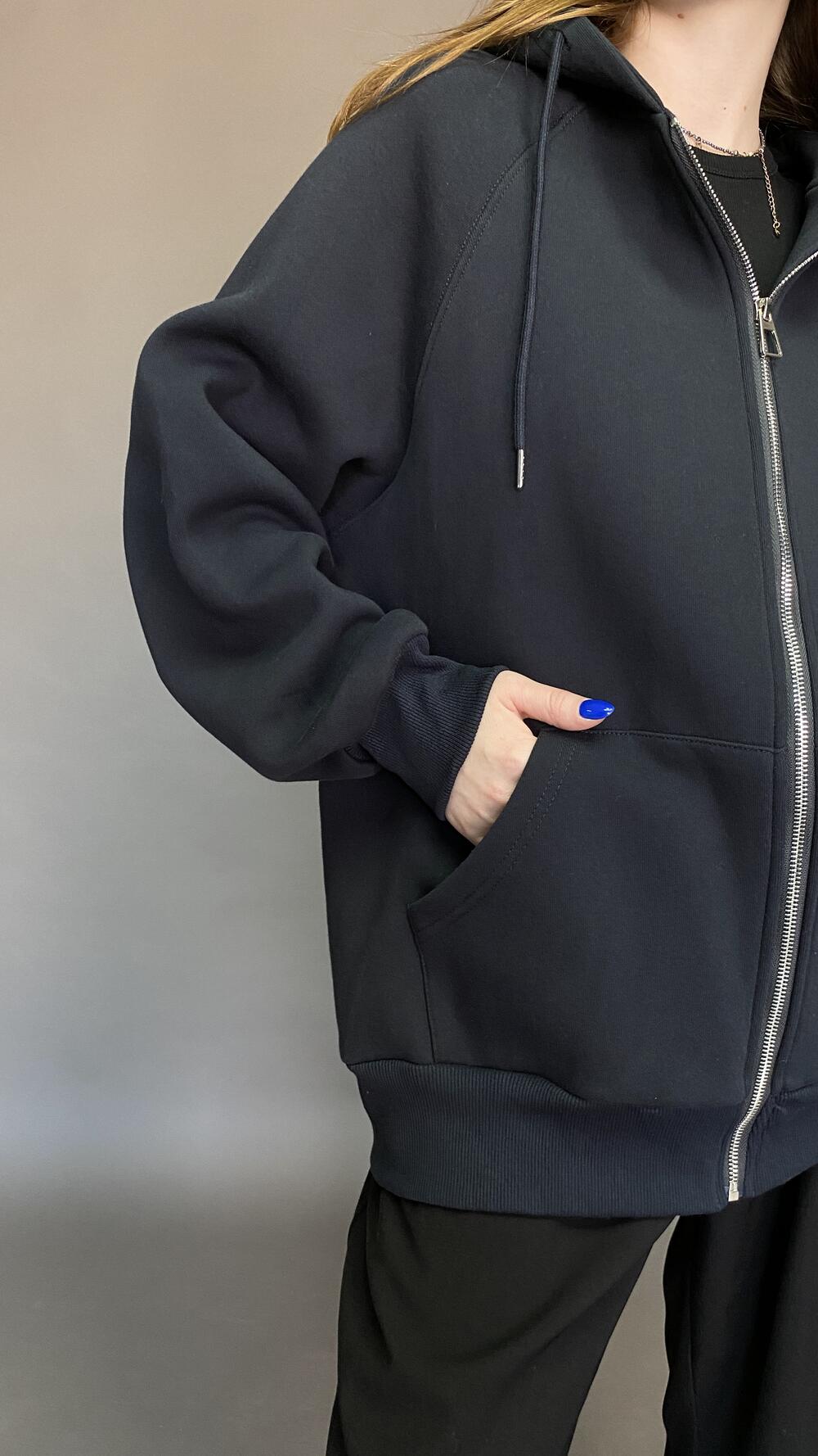 Худі з блискавкою, без принту, широке Oversize, Синій