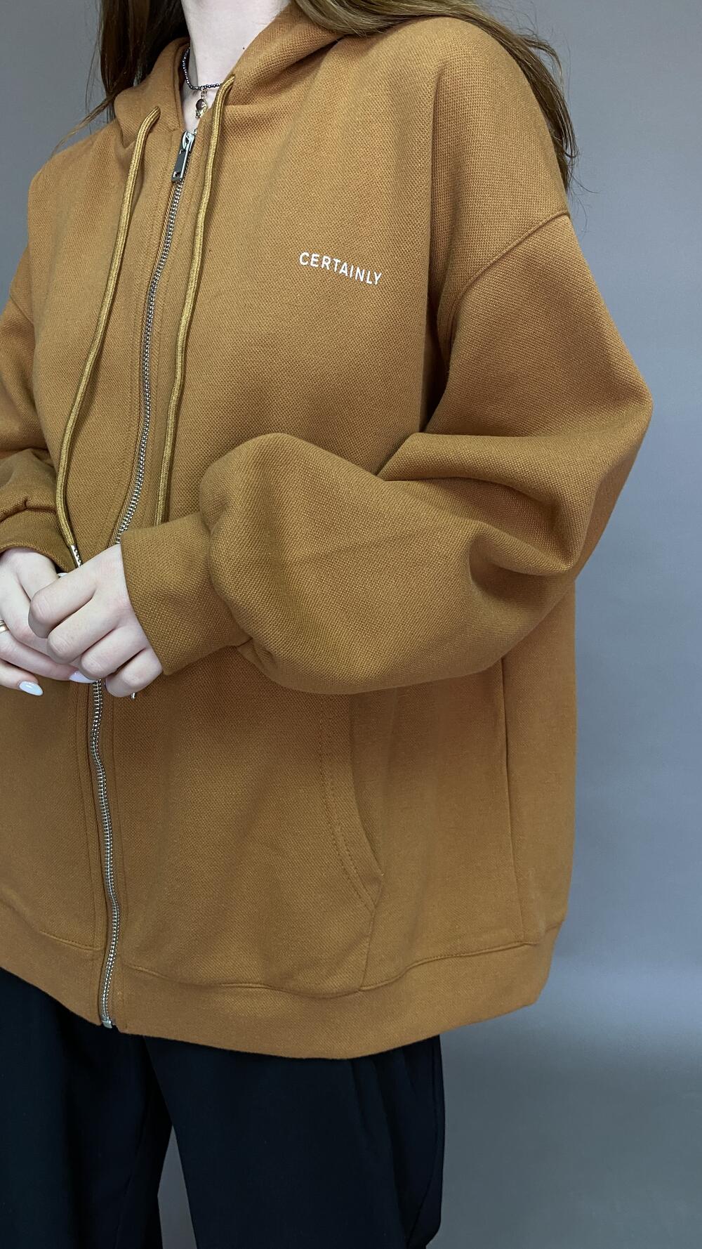 Худі з блискавкою з принтом Certainly Oversize, Кемел