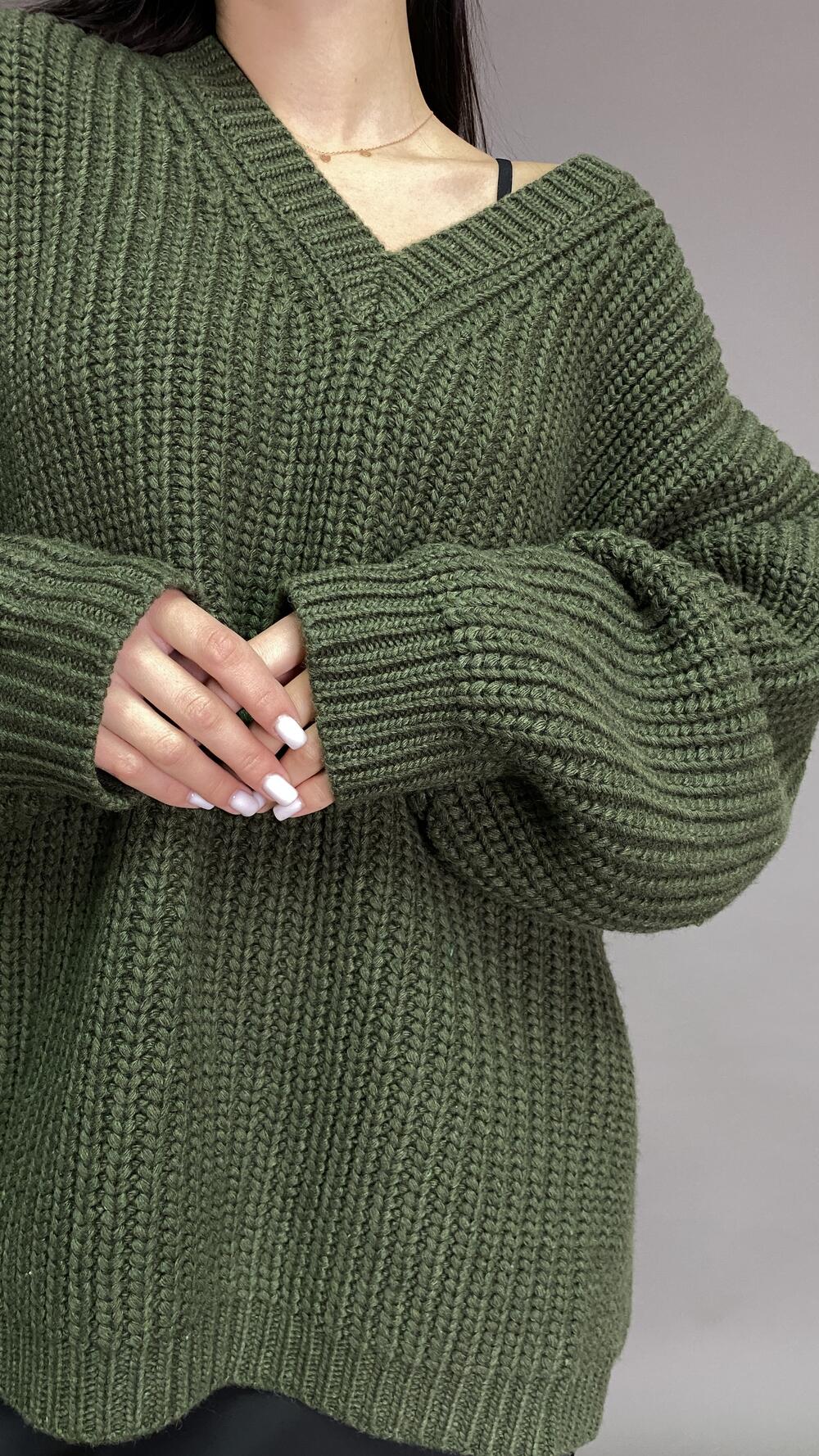 Светр щільний з v вирізом, подовжений Oversize, Зелений