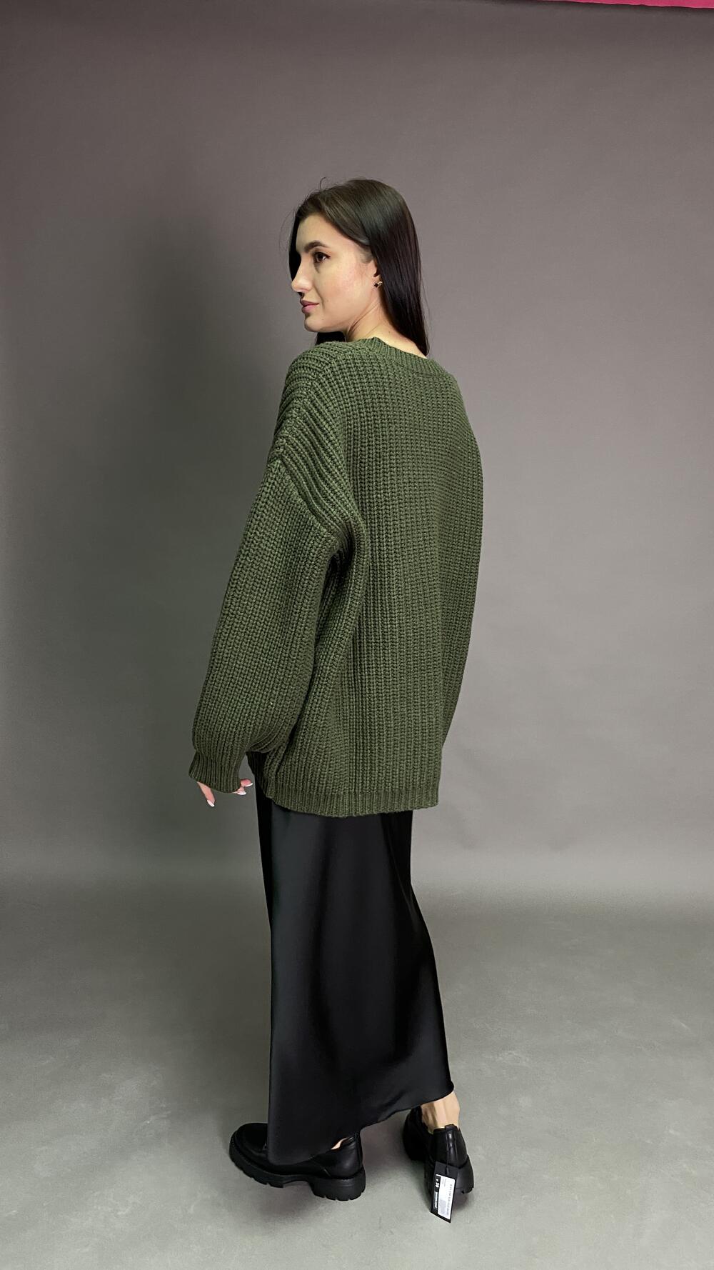 Светр щільний з v вирізом, подовжений Oversize, Зелений