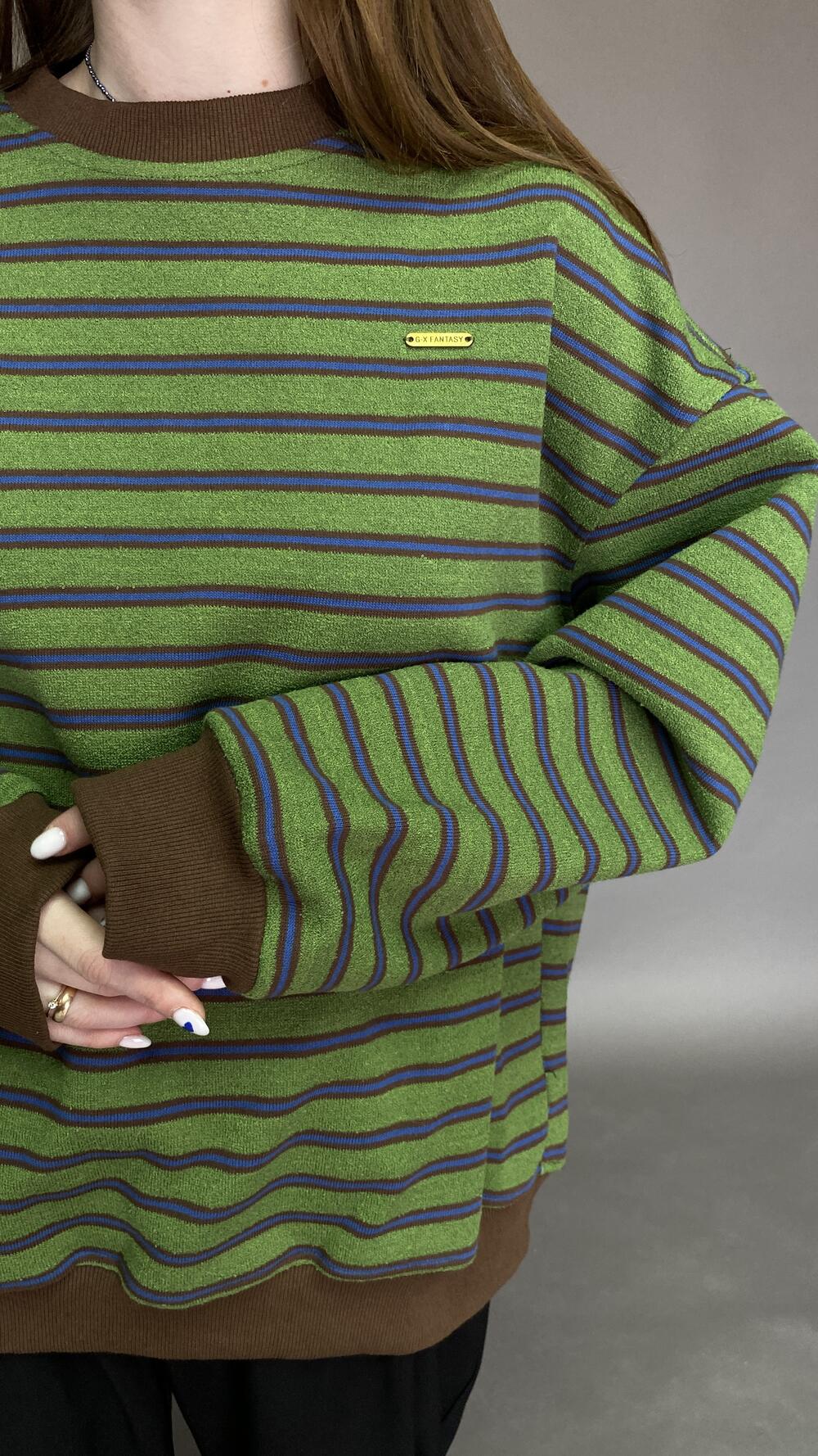 Світшот у смужку, з махри Oversize, Зелений