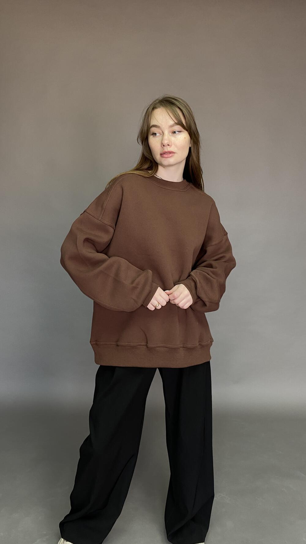 Світшот без принту, обʼємний, щільний Oversize, Шоколадний