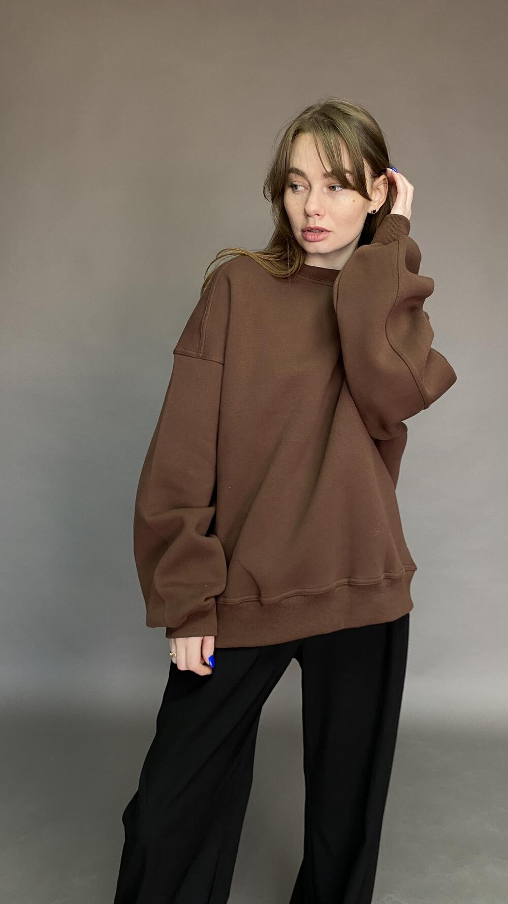 Світшот без принту, обʼємний, щільний Oversize, Шоколадний