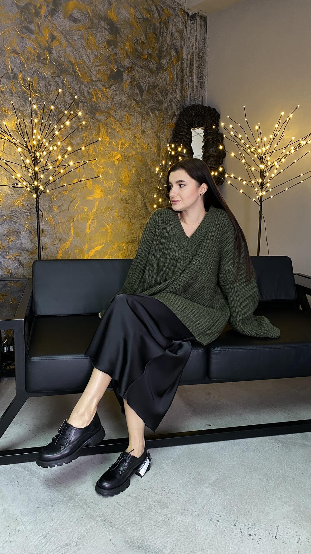 Светр щільний з v вирізом, подовжений Oversize, Зелений