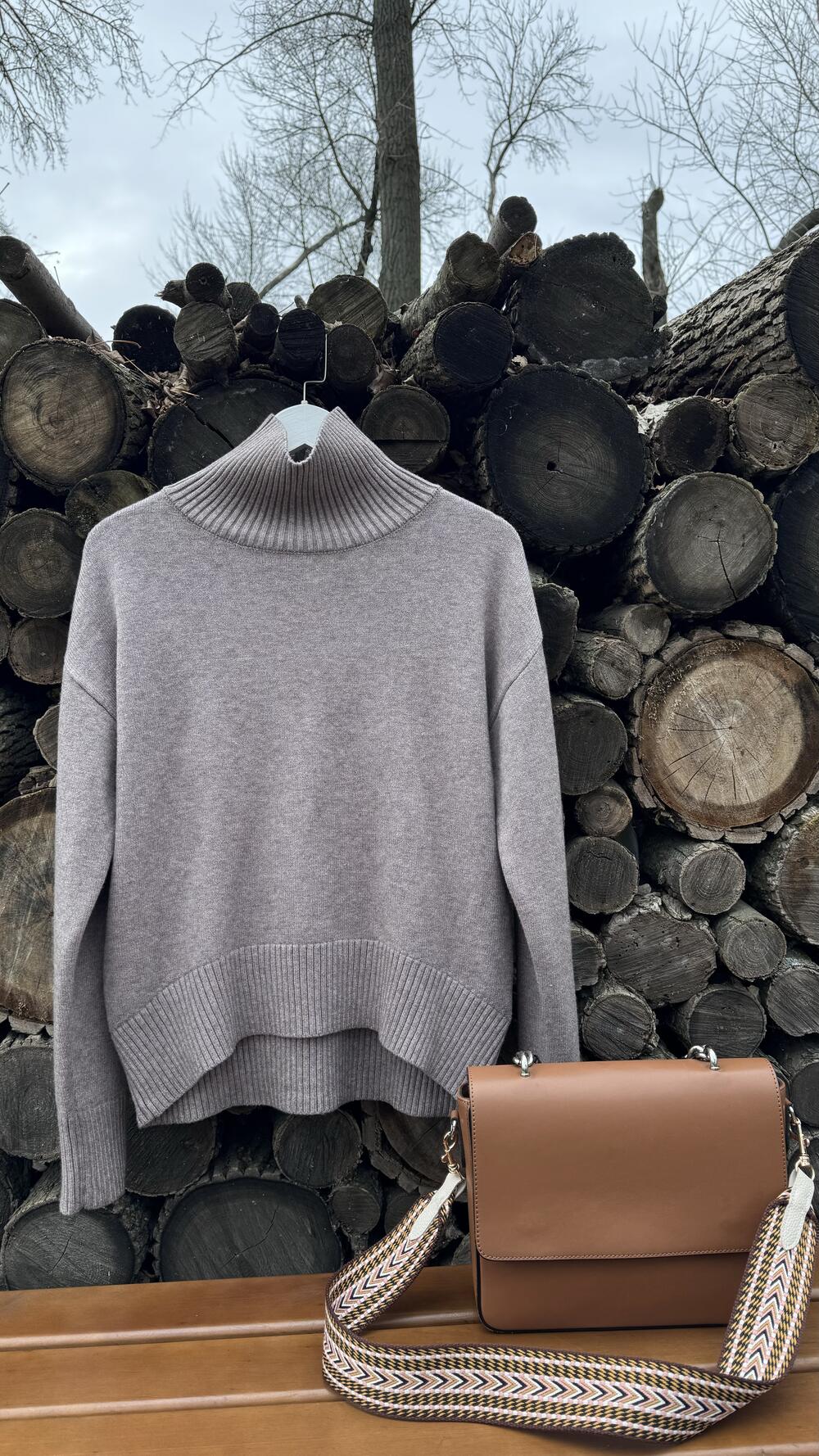 Джемпер без принту базовий, з комірцем стійка Oversize, Мокка