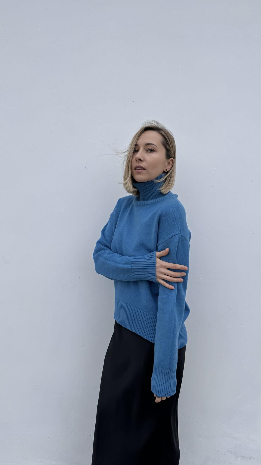 Джемпер без принту базовий, з комірцем стійка Oversize, Денім