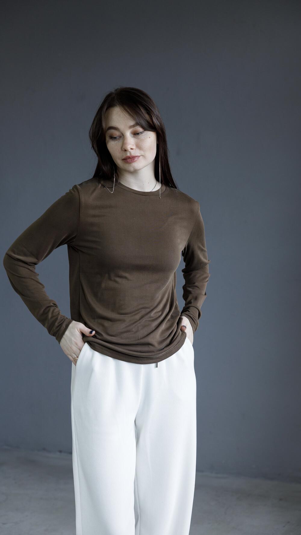 Лонгслів тоненький, віскозний S/M, Шоколадний