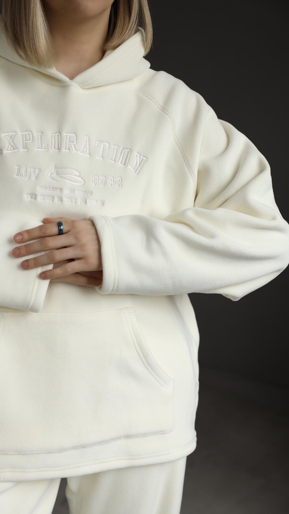 Костюм Тедді, теплий, худі та джогери з вишивкою Exploration M, Молочний