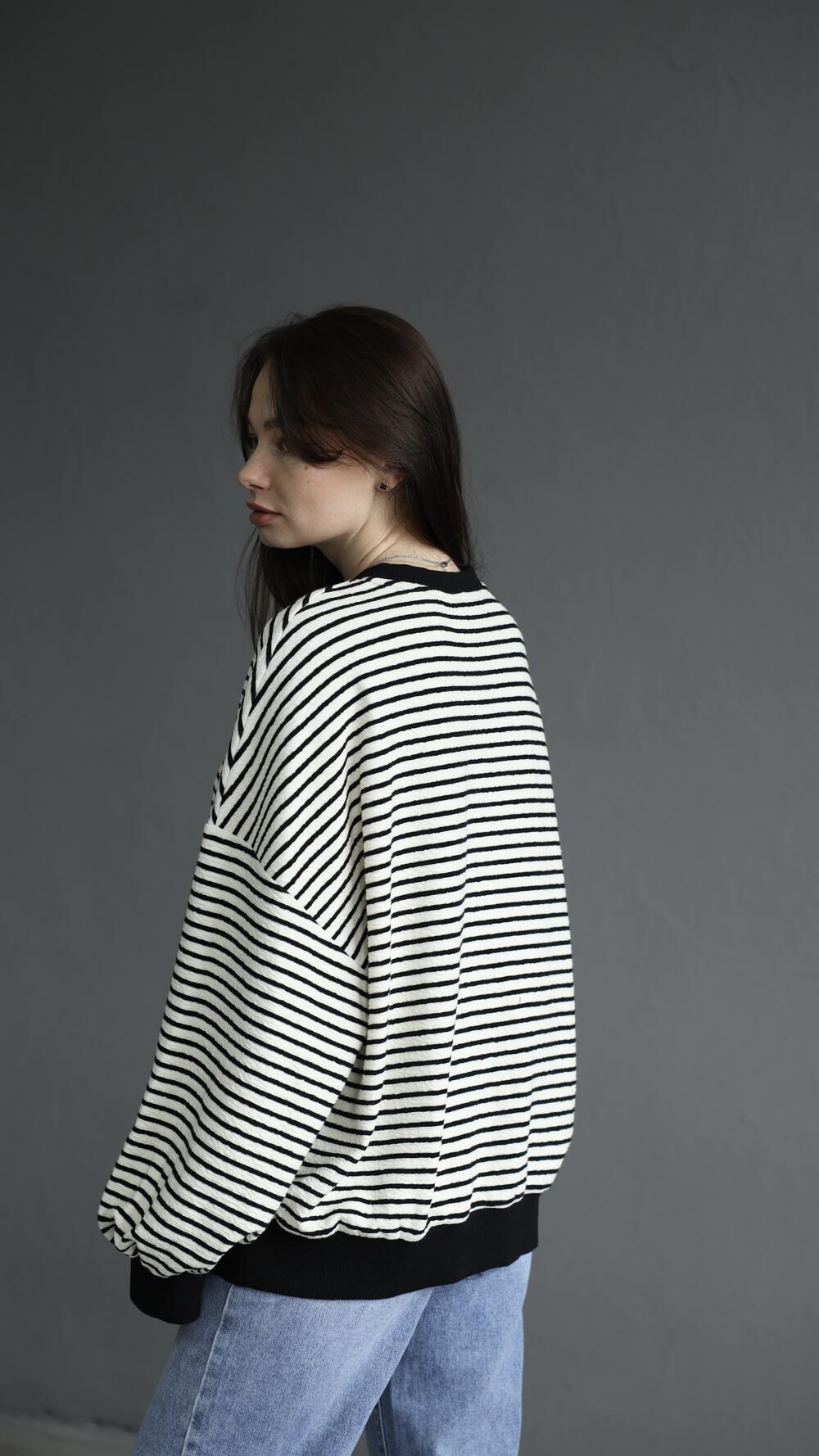 Світшот у смужку з трьома ґудзиками Oversize, Чорно-білий