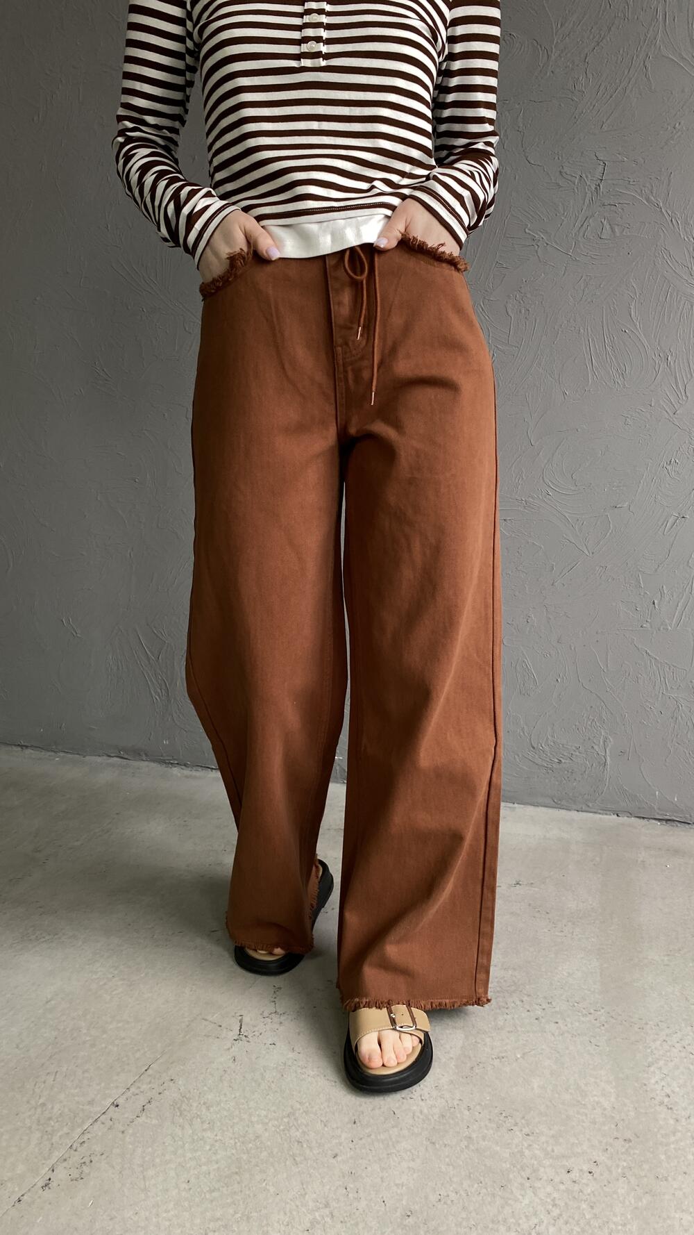 Джинси з бахромою на поясі та кишенях з шнурком L, Кемел