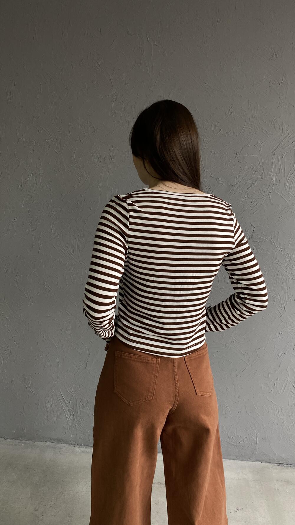 Лонгслів подвійним у смужку S/M, Шоколадний