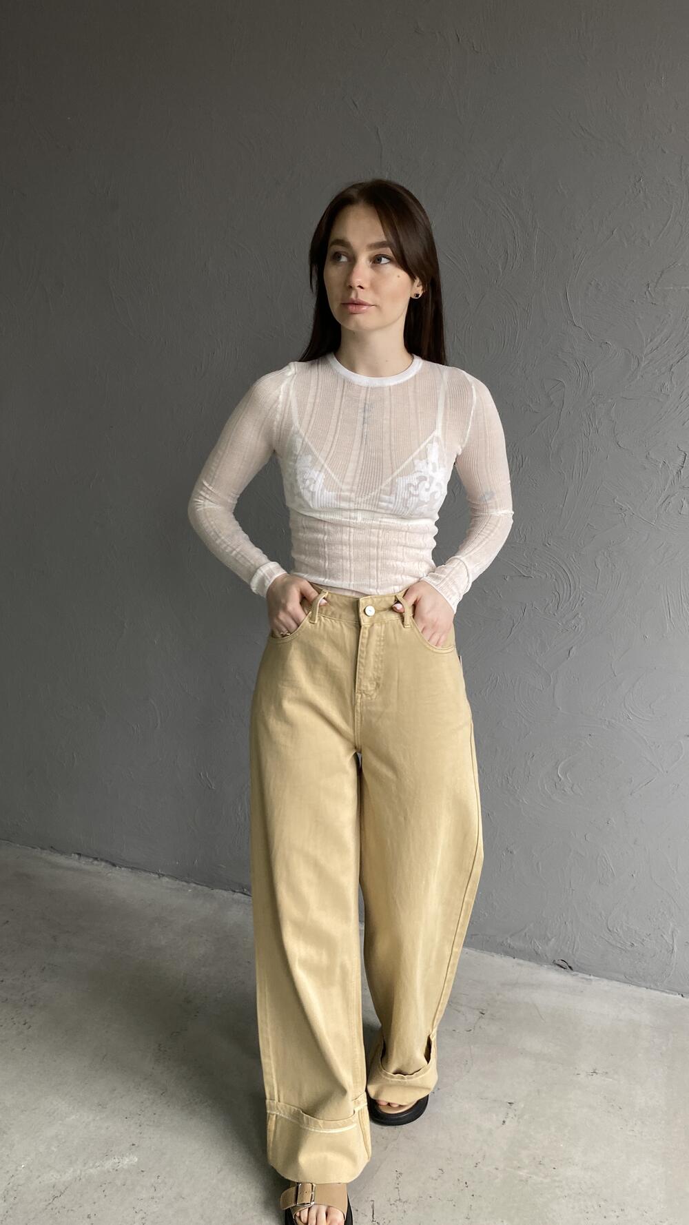 Джинси з підворотом, широкого фасону S, Бежевий