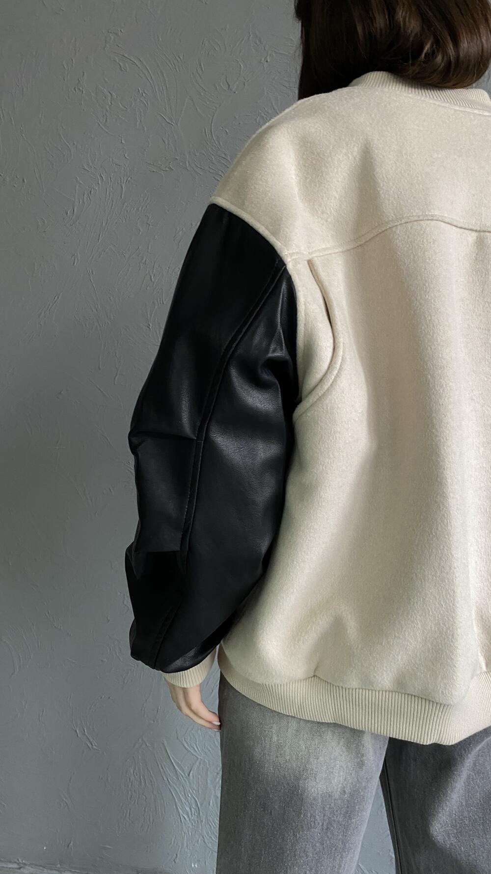 Бомбер з рукавами з еко-шкіри Oversize, Бежевий