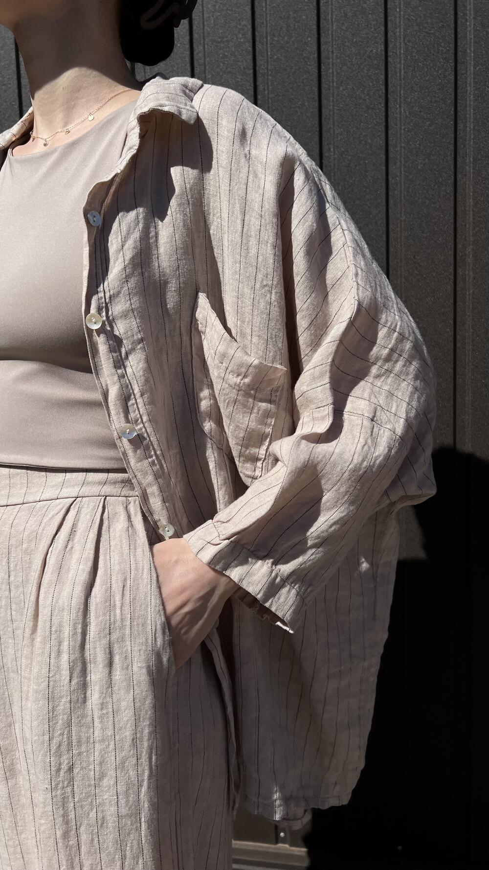 Костюм льняний з брюками та сорочкою у смужку Puro Lino made in Italy Oversize, Бежевий