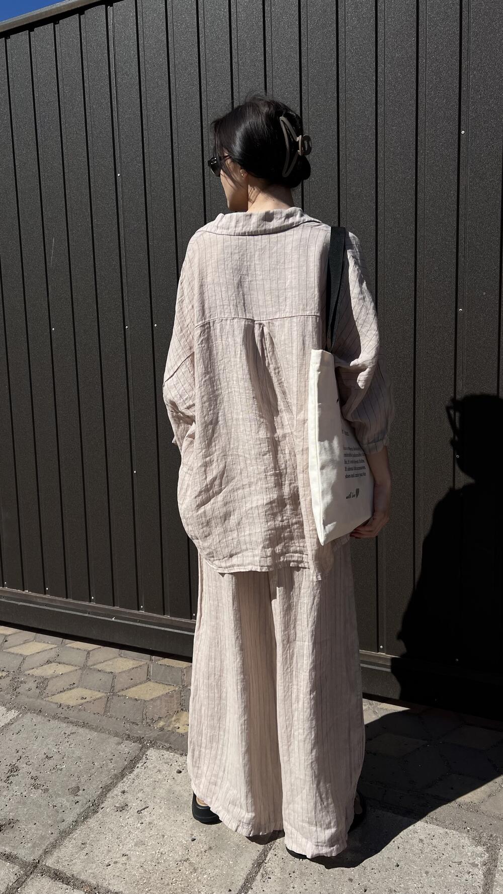 Костюм льняний з брюками та сорочкою у смужку Puro Lino made in Italy Oversize, Бежевий