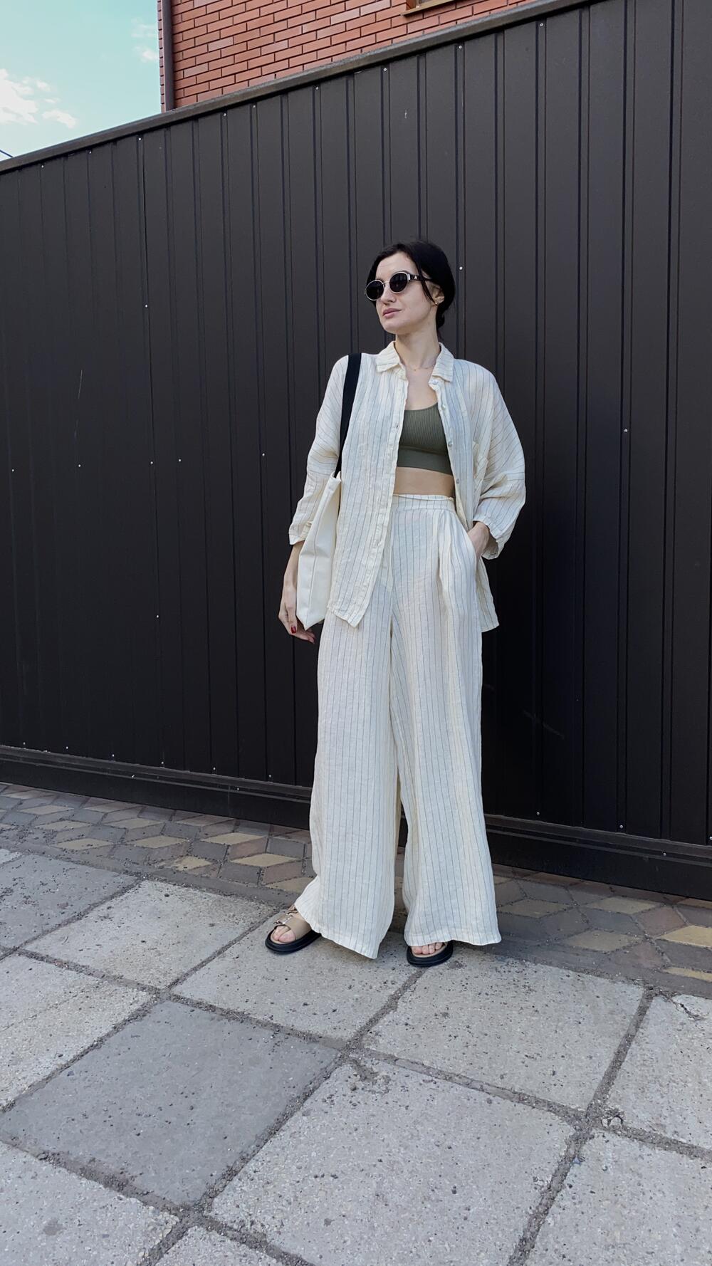 Костюм льняний з брюками та сорочкою у смужку Puro Lino made in Italy Oversize, Кремовий