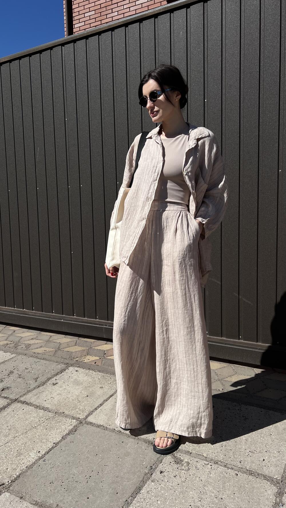 Костюм льняний з брюками та сорочкою у смужку Puro Lino made in Italy Oversize, Бежевий