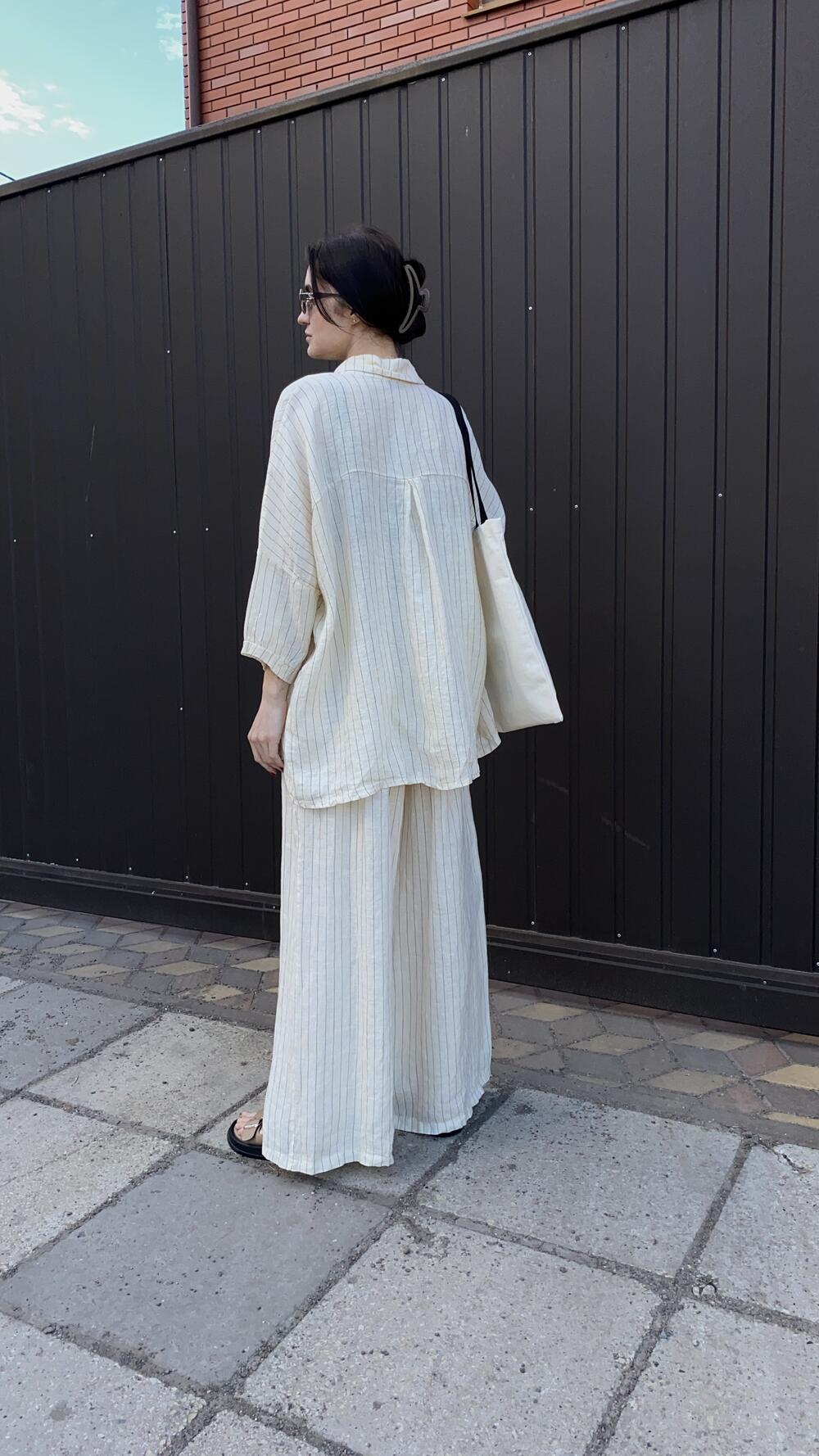 Костюм льняний з брюками та сорочкою у смужку Puro Lino made in Italy Oversize, Кремовий