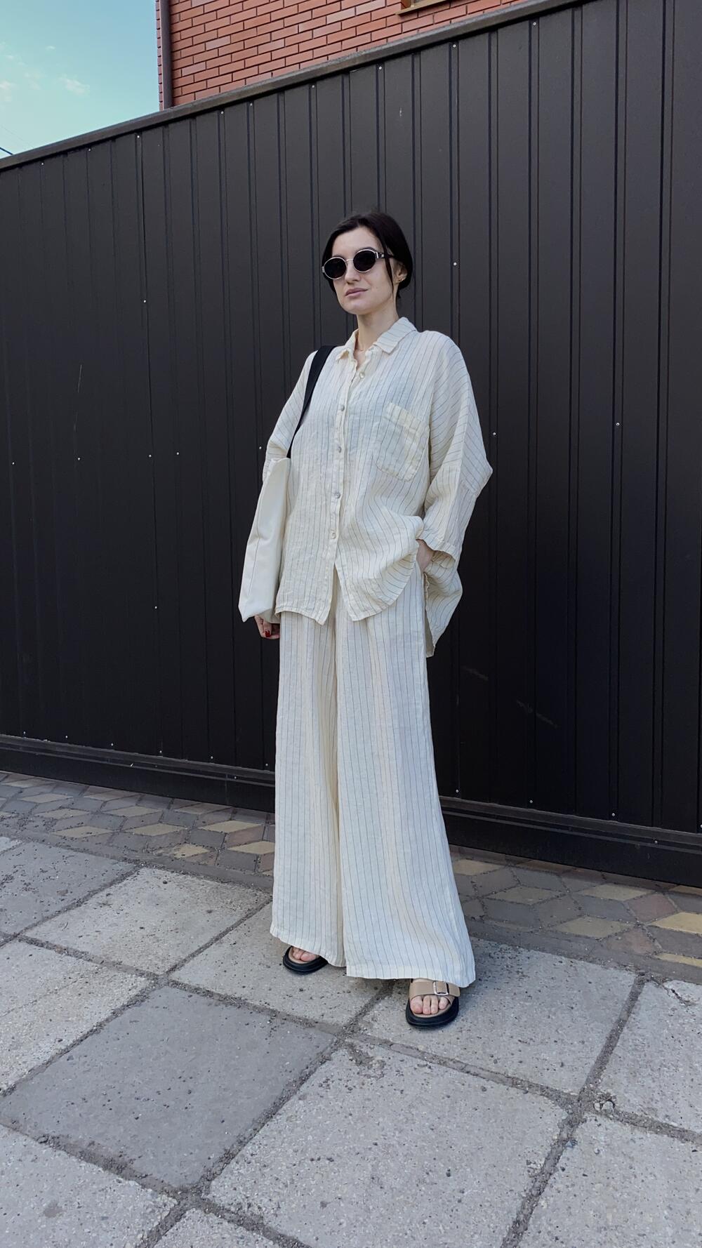 Костюм льняний з брюками та сорочкою у смужку Puro Lino made in Italy Oversize, Кремовий