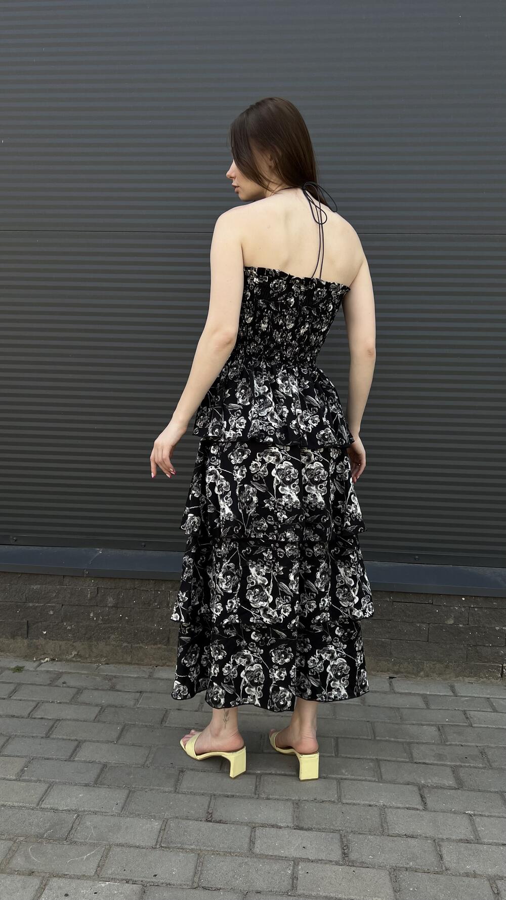 Сарафан з принтом троянди з воланами та чокером M, Чорний