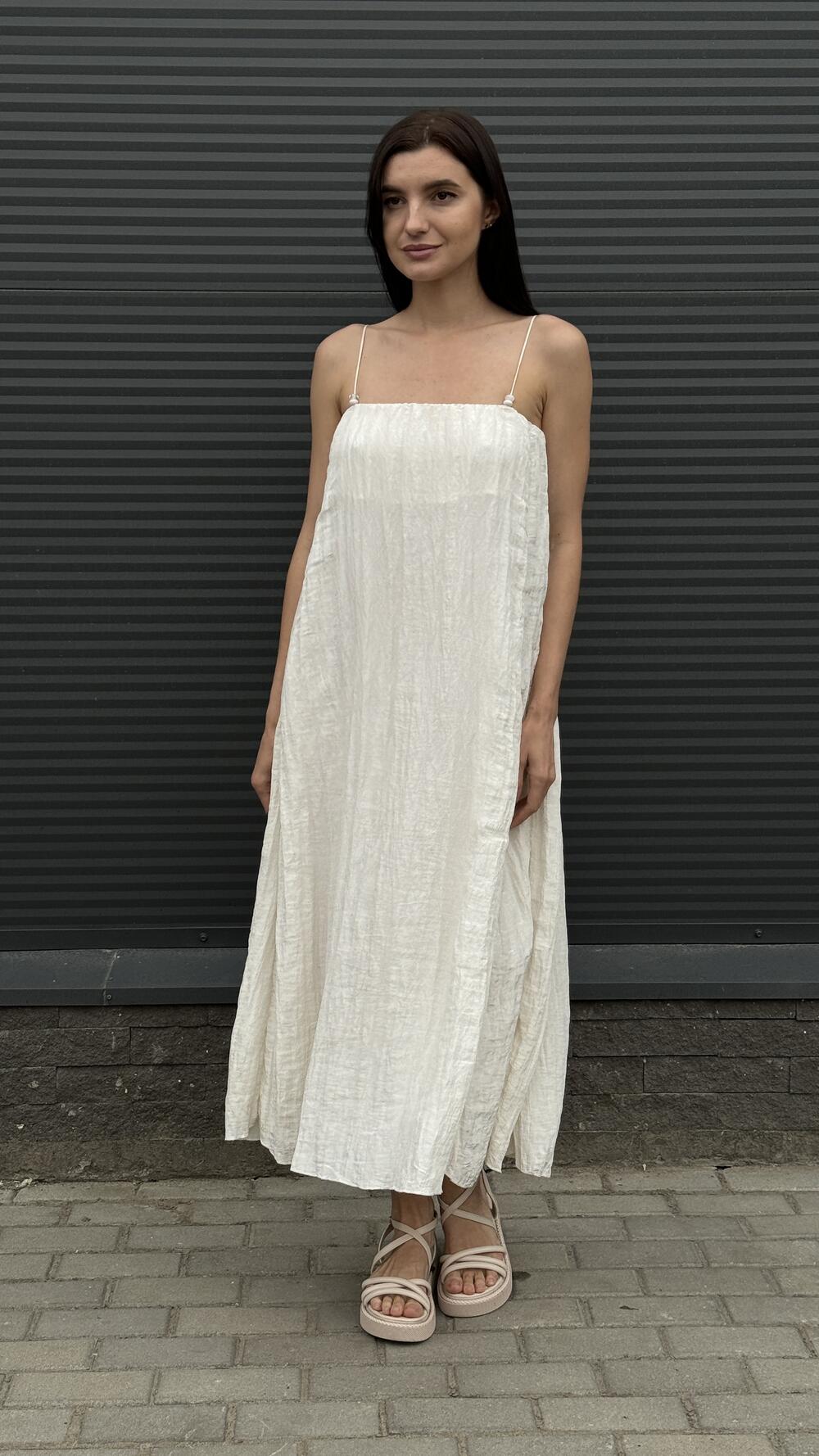 Сукня з намистом на брителях, міді, тканина жатка S, Кремовий