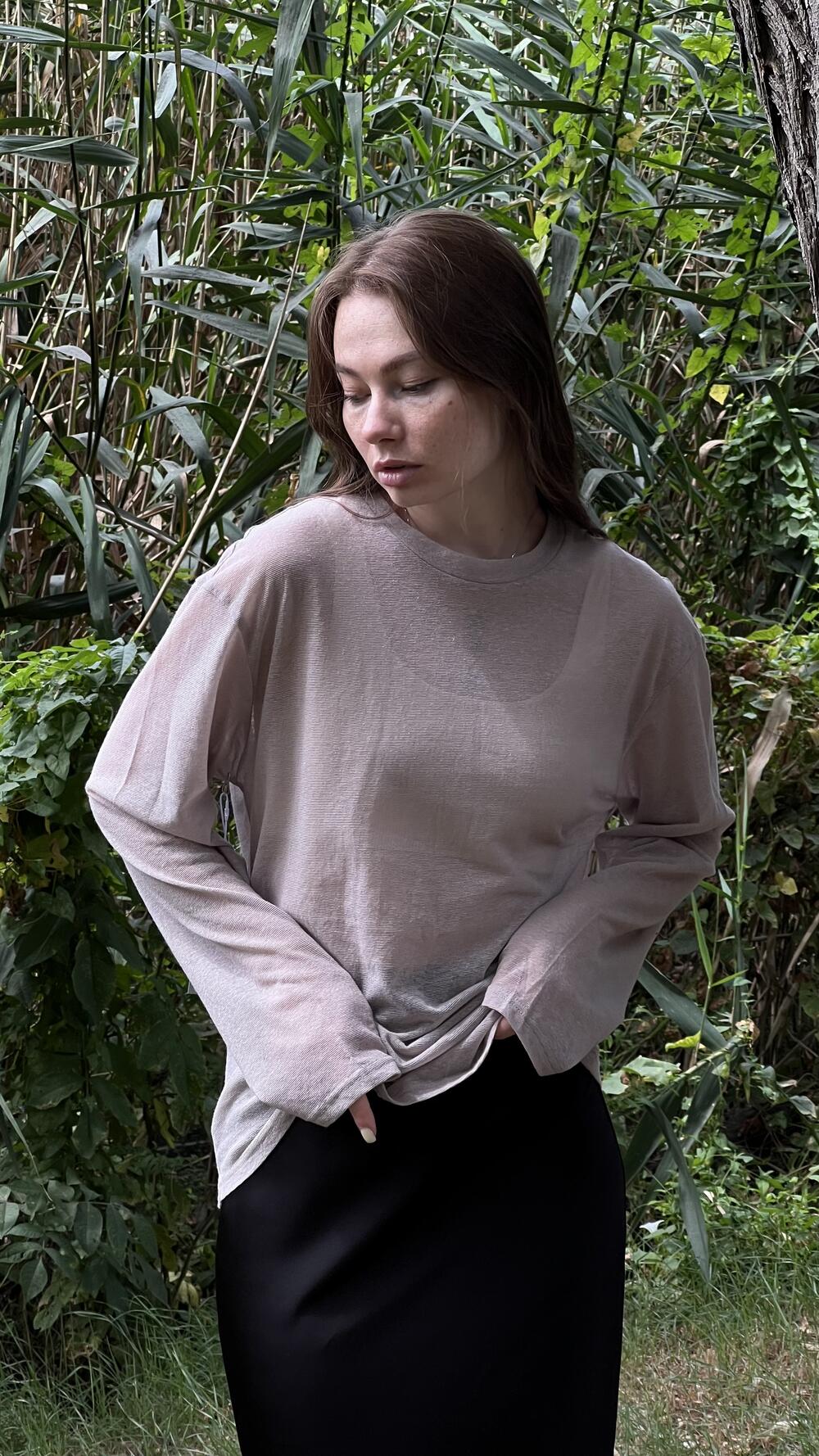 Лонгслів злегка прозорий без принту Oversize, Какао