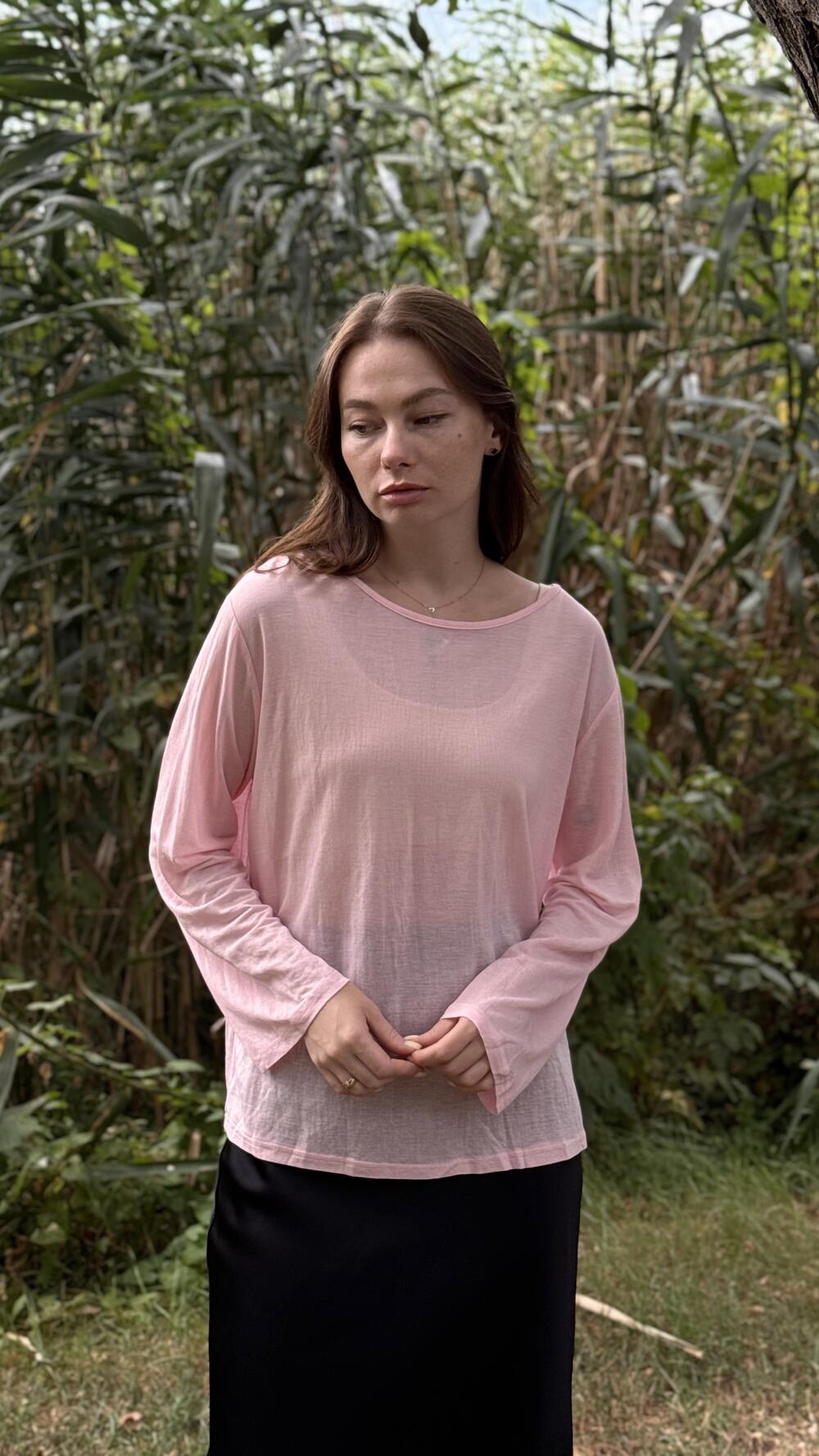 Лонгслів напівпрозорий з перехрещенням на спині Oversize, Рожевий