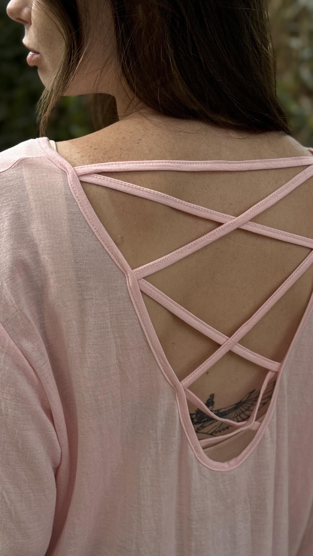 Лонгслів напівпрозорий з перехрещенням на спині Oversize, Рожевий