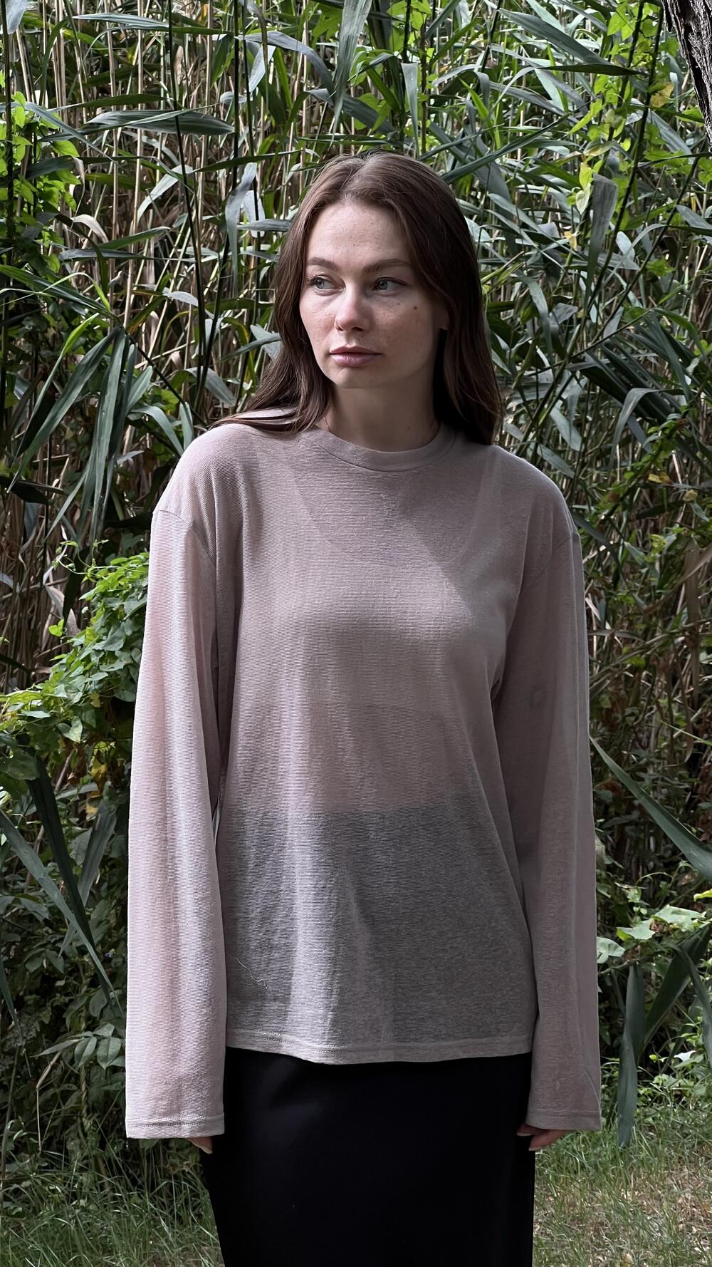 Лонгслів злегка прозорий без принту Oversize, Какао