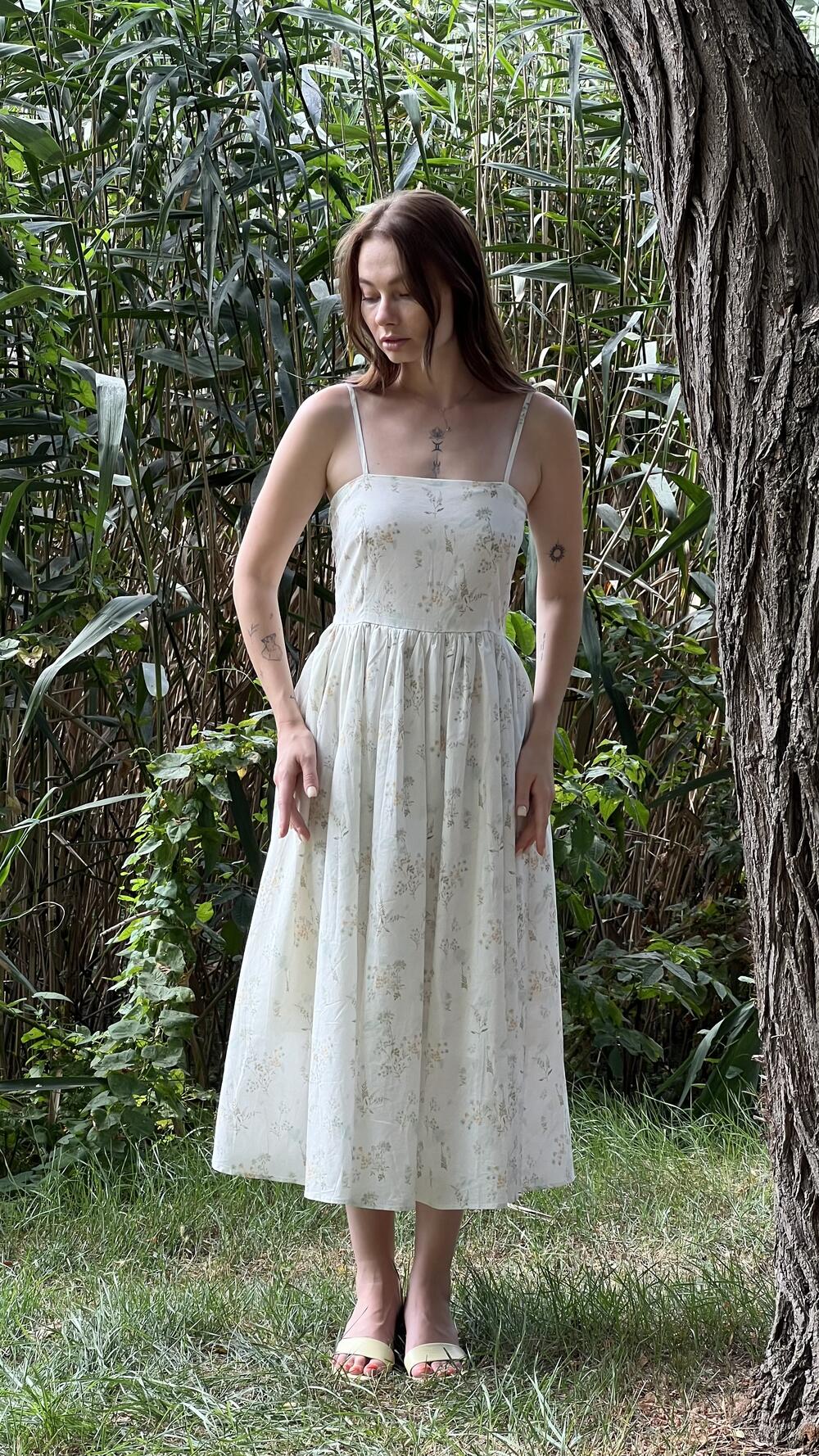 Сарафан на тонких брителях з принтом квіти S/M, Молочний