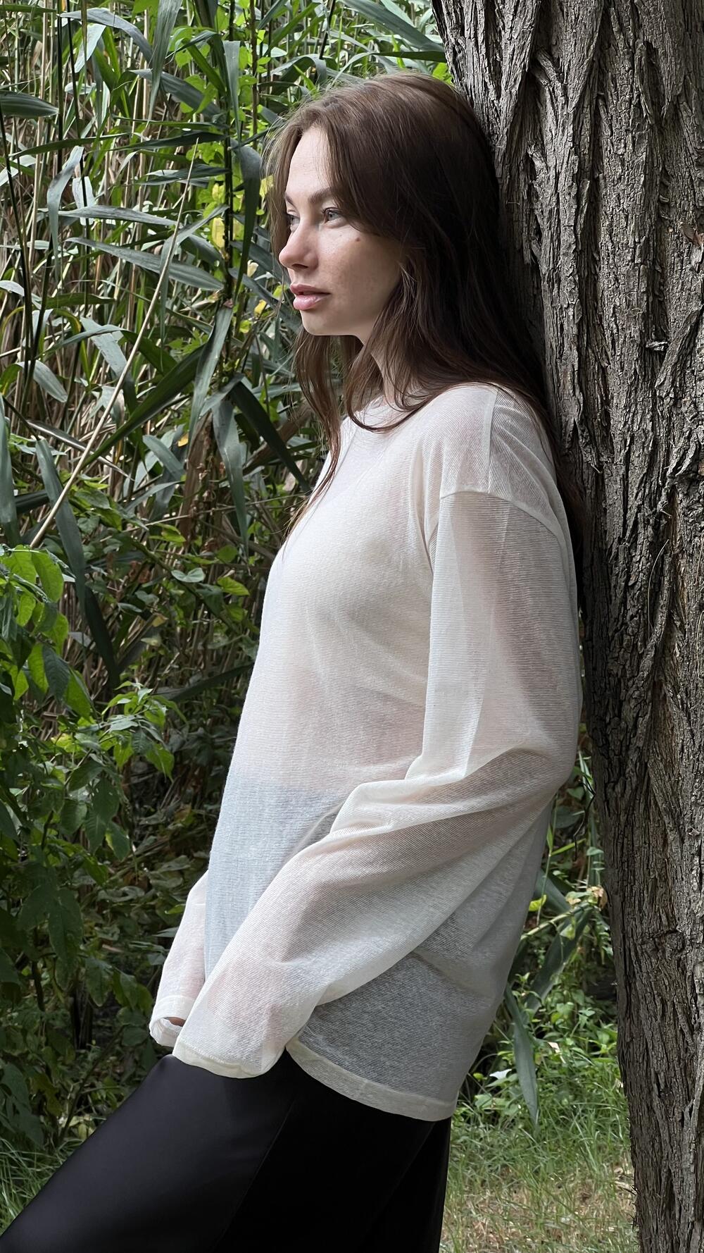 Лонгслів злегка прозорий без принту Oversize, Кремовий