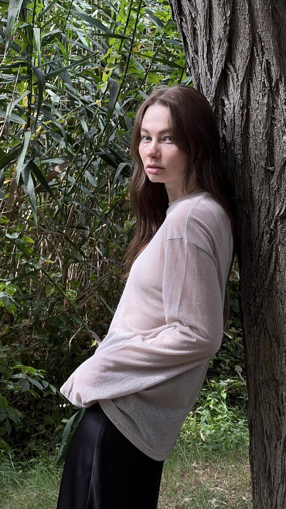 Лонгслів злегка прозорий без принту Oversize, Какао