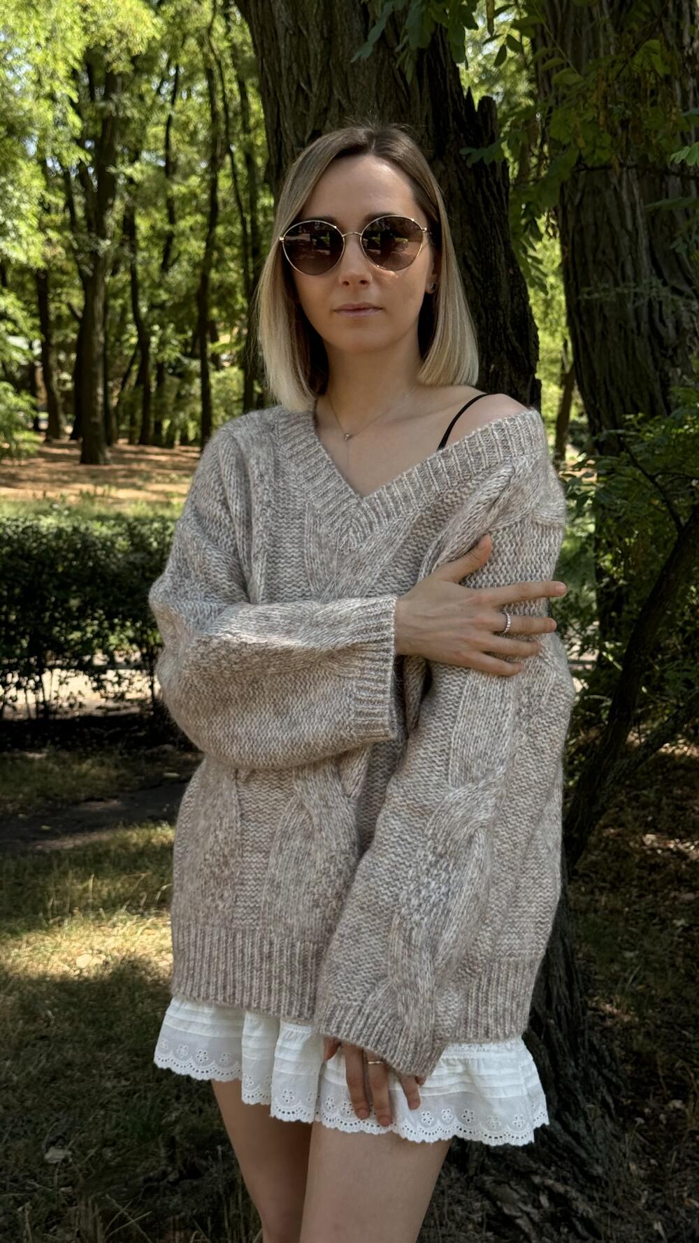 Джемпер з обʼємною вʼязкою у формі кос H260Laea made in Italy M/L, Бежевий меланж