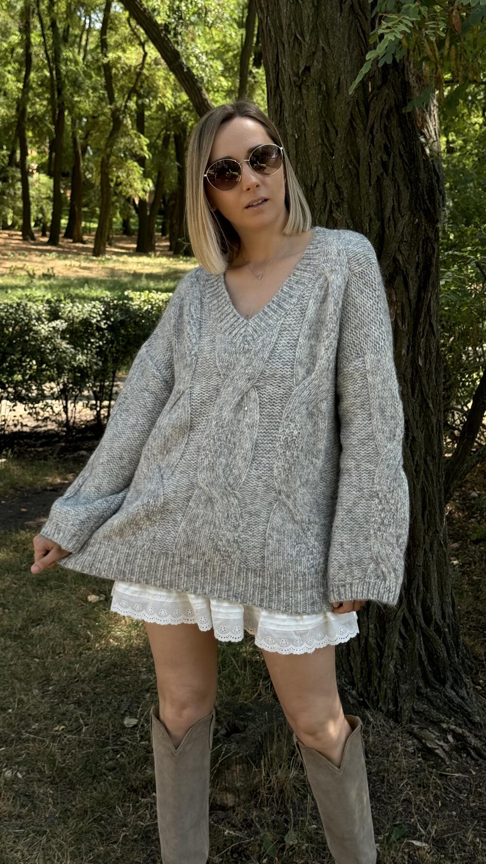 Джемпер з обʼємною вʼязкою у формі кос H260Laea made in Italy M/L, Сірий меланж