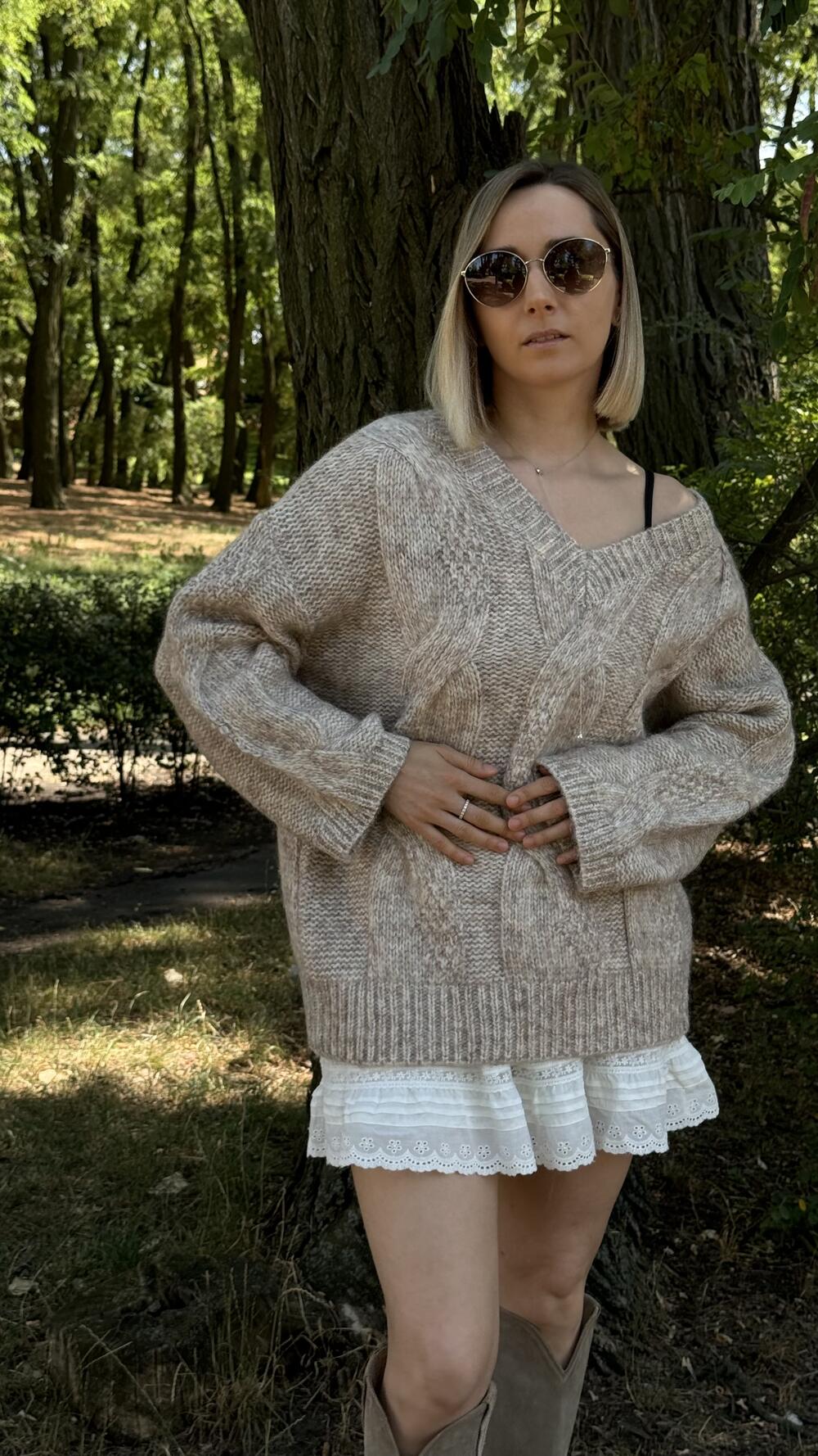 Джемпер з обʼємною вʼязкою у формі кос H260Laea made in Italy M/L, Бежевий меланж