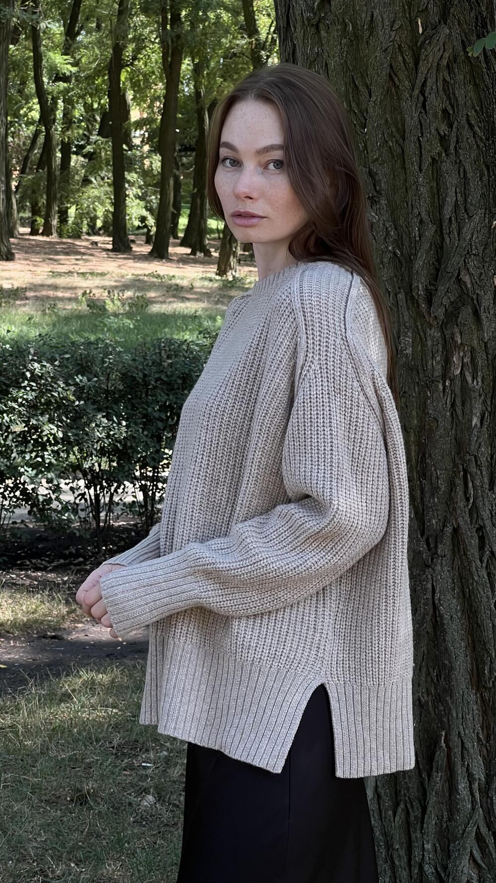 Светр з швами назовні з розрізами збоку Un7039 Lara S/M, Какао