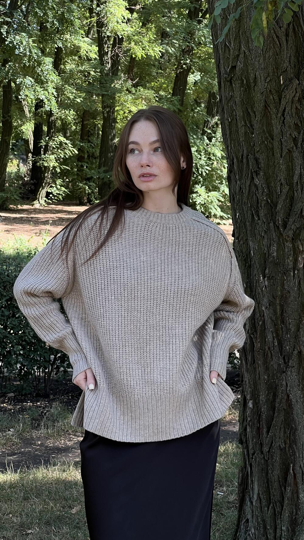 Светр з швами назовні з розрізами збоку Un7039 Lara M/L, Какао