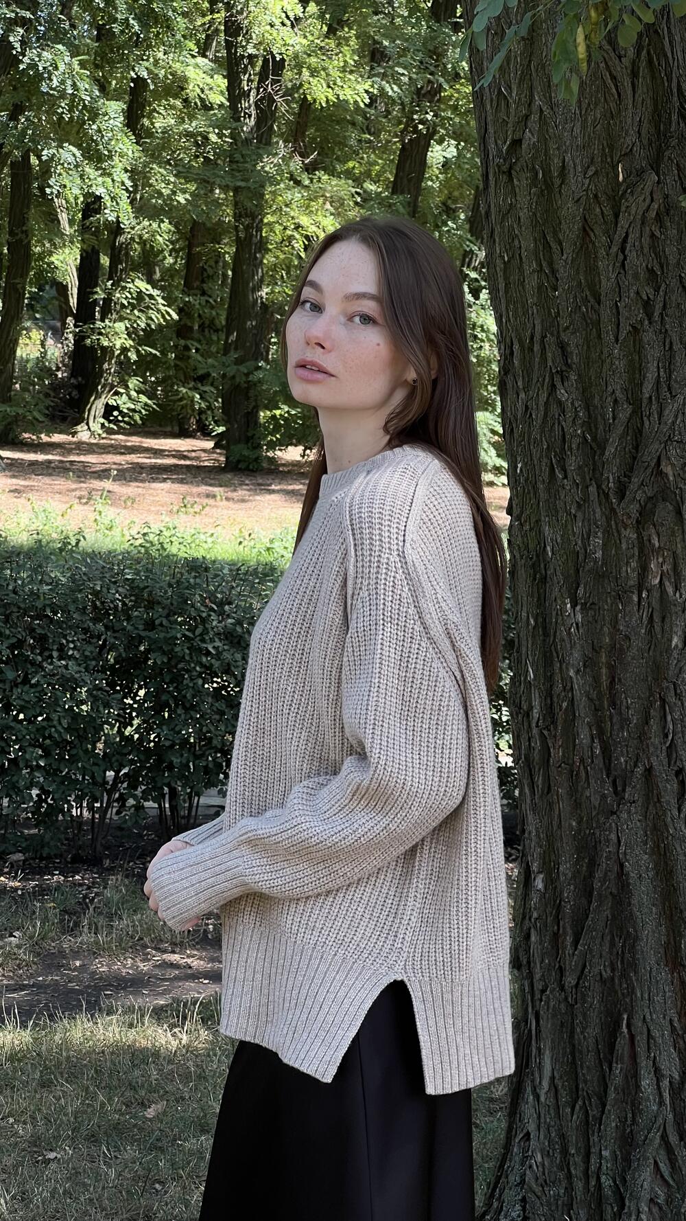 Светр з швами назовні з розрізами збоку Un7039 Lara S/M, Какао