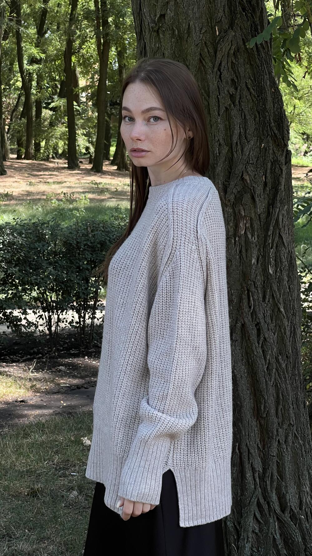 Светр з швами назовні з розрізами збоку Un7039 Lara M/L, Бежевий