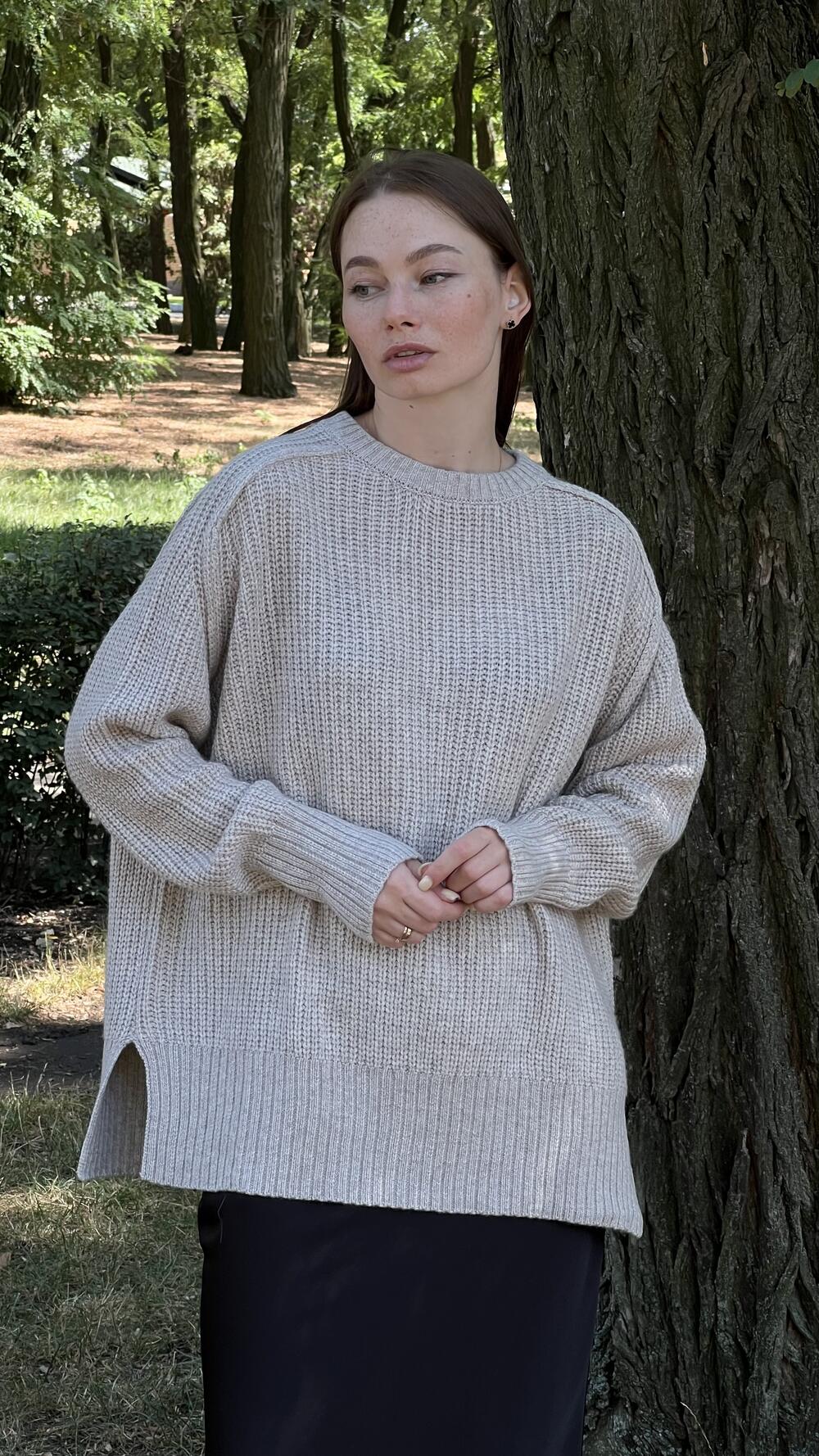 Светр з швами назовні з розрізами збоку Un7039 Lara M/L, Бежевий