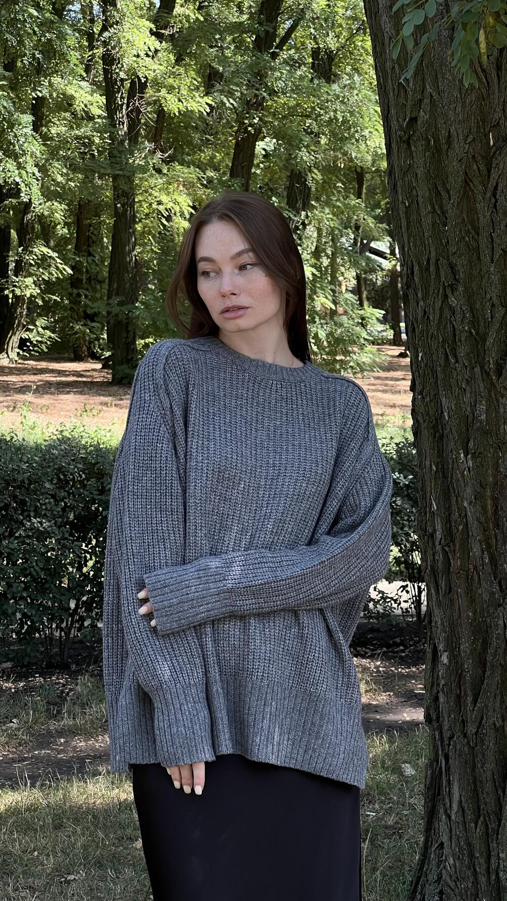 Светр з швами назовні з розрізами збоку Un7039 Lara M/L, Графітовий